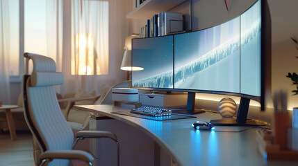 An ultra modern home office setup with the latest gadgets and technology including a curved monitor smart desk and ambient lighting The setup reflects a perfect environment for