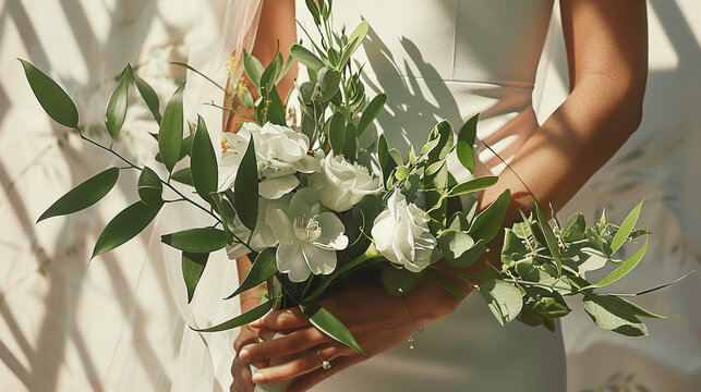 A detailed realistic image of a brides hand elegantly holding a minimalist bouquet of greenery and white blooms embodying modern simplicity and grace The