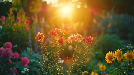 Sunset over a meticulously maintained garden landscape, casting a golden glow on vibrant flower beds. ,Gardening Concept - obrazy, fototapety, plakaty