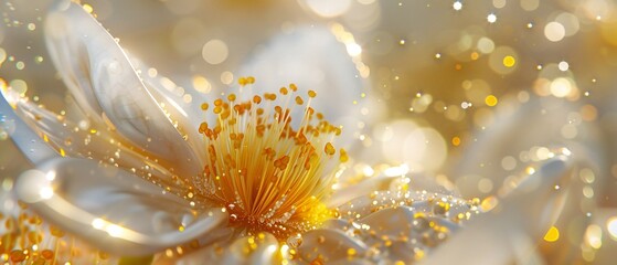 Dreamy Glimmer: Jasmine's petals, coated with shimmering gold and silver particles in macro, offer...