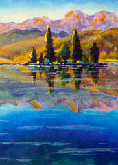 Dawn in the mountains by the lake Rural river sunny morning landscape Hand painting on canvas