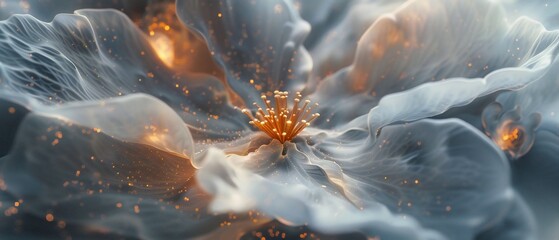 Dusty Radiance: Macro captures jasmine's petals adorned with gold and silver particles, emitting a...