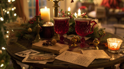 Fototapeta na wymiar A table set for a night of caroling with songbooks jingle bells and mugs of hot mulled wine. Handwritten notes from loved ones and photographs of joyful memories adorn the