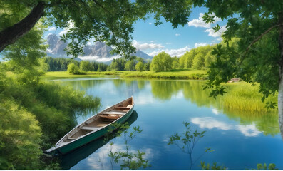 A landscape of a boat in a tranquil lake