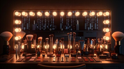 Luxury Makeup and Beauty Products on Vanity Table with Bright Mirror Lights