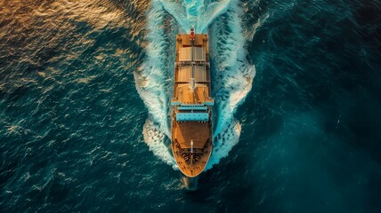 Aerial View of Cargo Ship in Ocean, Global Trade and Transportation Theme - obrazy, fototapety, plakaty
