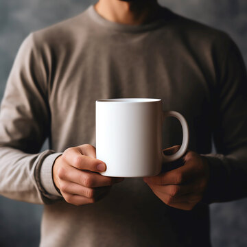 A mockup of a man holding a blank white mug, focusing on the coffee cup with a dark grey background