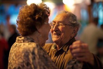 An image capturing the joyous moment of an older man and a younger woman gracefully dancing together, An elderly couple happily dancing at a party, AI Generated