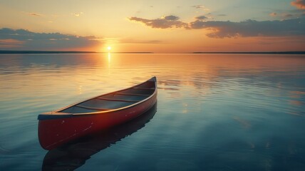 Calm sunset over a tranquil lake with a solitary red canoe reflected in the still water