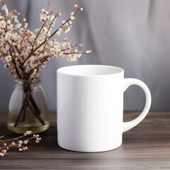 Simple blank white mug mock up for advertising, product photography, with flowers in the background