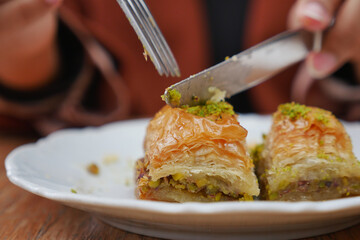 handmade turkish dessert baklava on table 