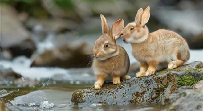 a pair of rabbits on a rock in the river footage