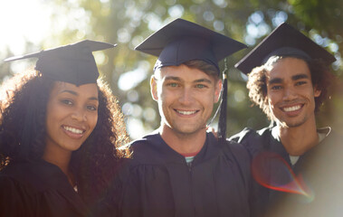 Graduation, friends and portrait of students at university for learning, achievement and study on...