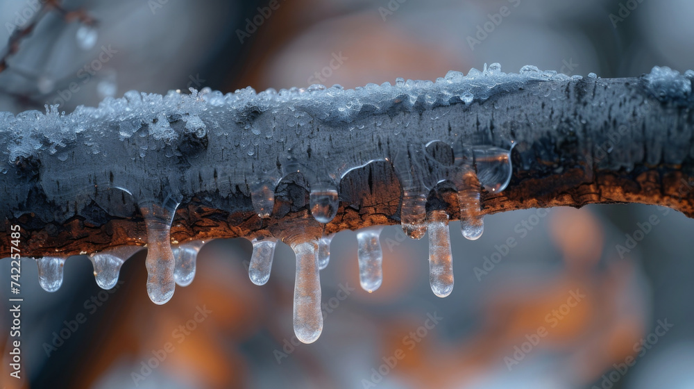 Poster closeup of a crystalizing frost texture on a tree branch creating a stunning contrast against the da