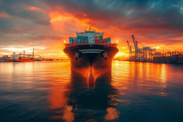 Cargo ship at sunset in a commercial dock with vibrant sky - obrazy, fototapety, plakaty