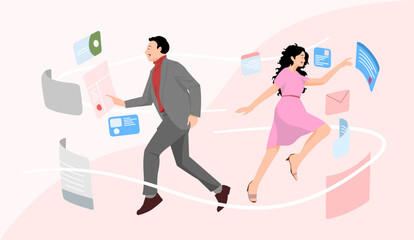 man woman office worker using system concept art, choosing panel instruction flowing data