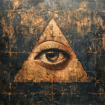  Eye of Providence inside triangle pyramid. All seeing eye in sacred geometry triangle. Ancient art.  Esoteric, Masonic and Illuminati symbol 