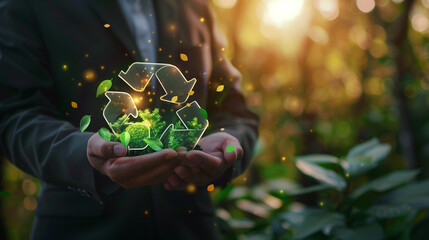person holding a plant. Businessman holding circular economy icon. The concept of circular economy for future growth of business and environment sustainable and reducing pollution for future business - obrazy, fototapety, plakaty