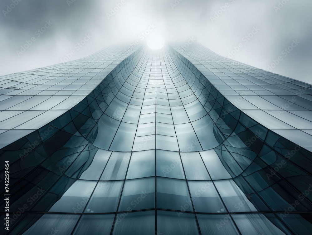 Poster a view of a tall building with glass windows. generative ai.