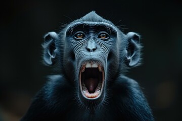 A black monkey opens its mouth. Generative AI.