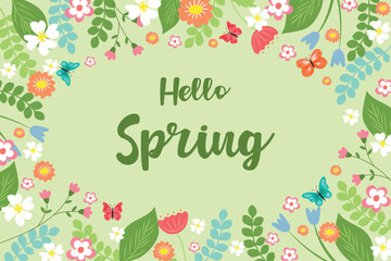 Spring banner background vector illustration. Frame of beautiful spring flowers on a soft green background. Hi spring.