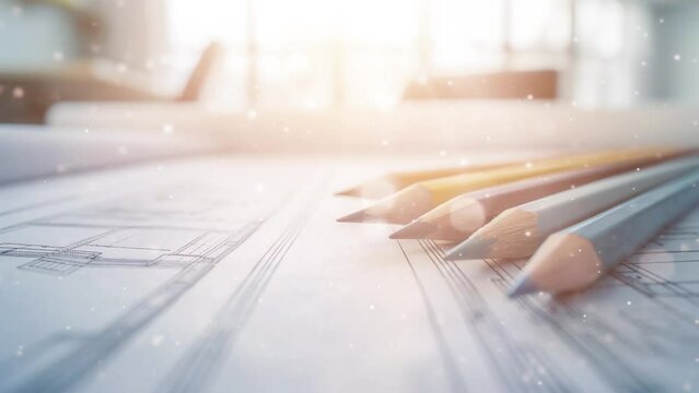 architect designer concept table close up. colorful pencils with sunlight background. seamless looping overlay 4k virtual video animation background 