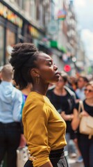 Fototapeta premium Side view of a young woman standing out in a crowded street 