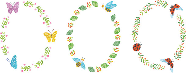 春　植物　昆虫　イラスト丸フレームセット　縦長