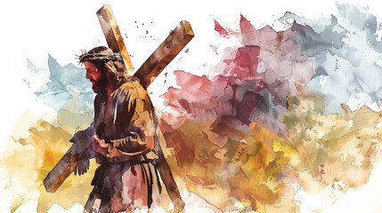 Jesus takes up his Cross, watercolor painting illustration - obrazy, fototapety, plakaty