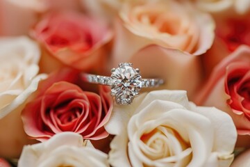 A stunning diamond ring is captured up close, beautifully showcased amidst a vibrant backdrop of roses, An engagement ring sparkling amongst a sea of roses, AI Generated