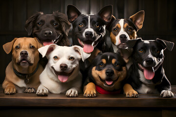 Photo of a group of cute dogs of various breeds smiling towards the camera.