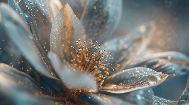 Metallic Whispers: Macro exploration reveals jasmine's petals dusted with gold and silver particles, softly whispering in a dreamy, dusty hue.