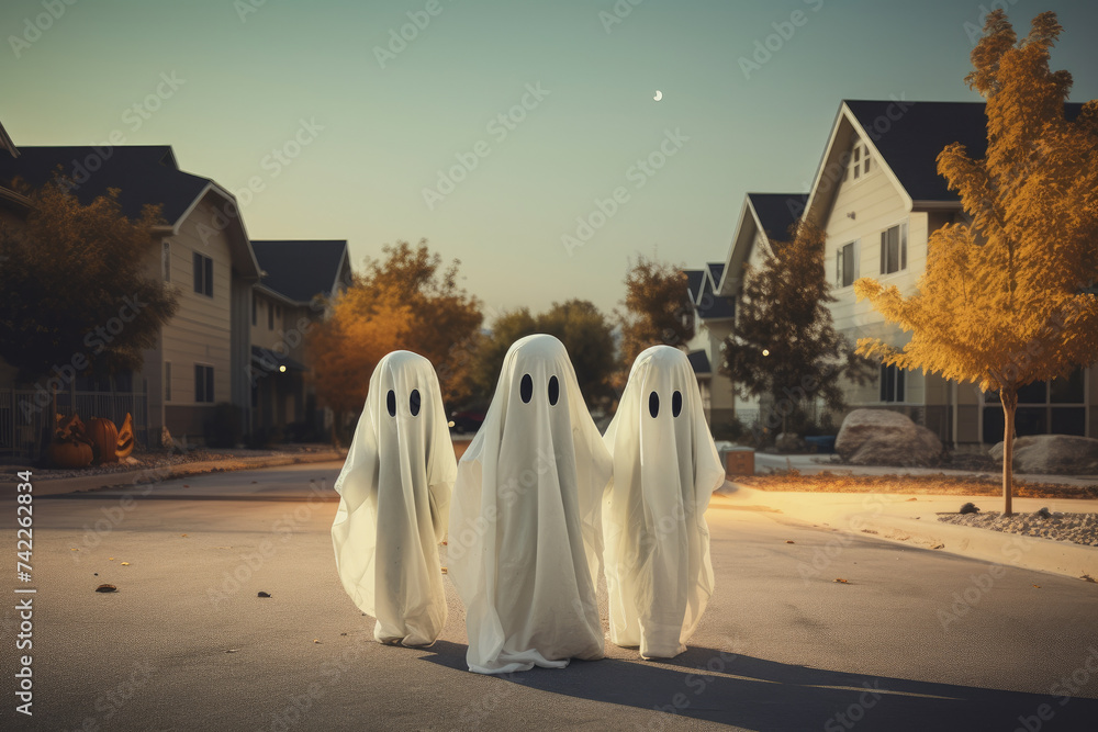 Wall mural kids wearing ghost costume in halloween in a suburban street - Wall murals