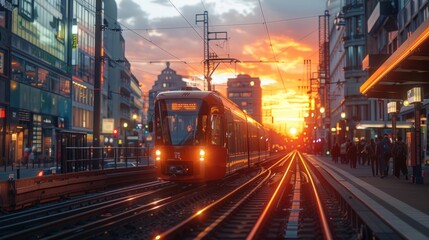 Obraz premium High-speed train in slow motion on the railway through a densely populated urban area during city sunset