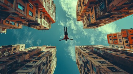Parkour athlete jumping between buildings. Sports man doing parkour against blue sky. Parkour athlete training in city in sportive clothes. Free runner jumping - obrazy, fototapety, plakaty