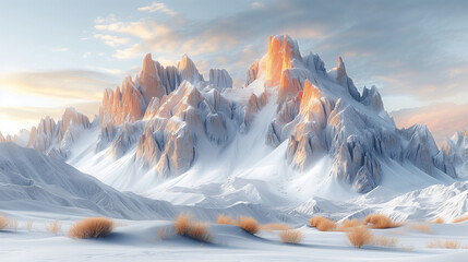 snow covered mountains, Picturesque landscape with majestic mountain peaks on white background, Ai generated image