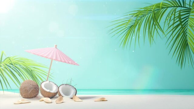 tropical beach concept made of coconut fruit and sun. seamless looping overlay 4k virtual video animation background 
