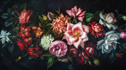 Multicolor beautiful fantasy vintage wallpaper botanical flower bunch, a vintage motif for floral print digital background