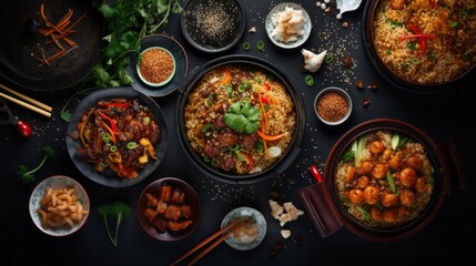 Top view of a set of Chinese dishes with soy sauce on a table on a black background with copy space. Chinese Cuisine, Delicious Food of a restaurant, cafe, Hotel.