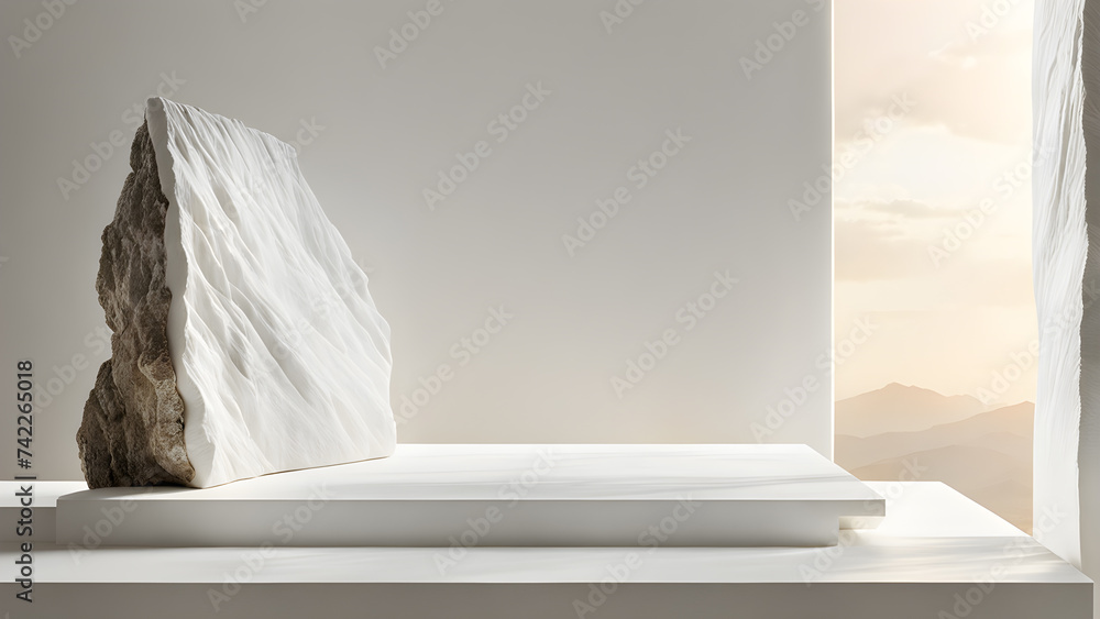 Poster white-rock-podium-in-extreme-close-up-suspended-in-a-studio-setting-for-display-mock-up-surrounded
