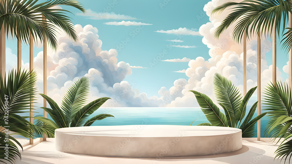 Poster white-rock-podium-in-sharp-focus-studio-display-mock-up-set-against-a-dreamlike-collage-style