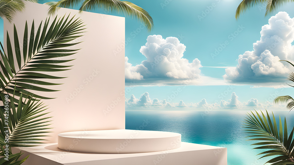 Poster white-rock-podium-in-sharp-focus-studio-display-mock-up-set-against-a-dreamlike-collage-style