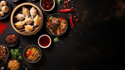 Top view of noodles, gyoza dumplings, dim sum, spring rolls, Rice, Chicken on a black background with a copy space. Chinese Cuisine, Delicious Food of a restaurant, cafe, Hotel. - obrazy, fototapety, plakaty