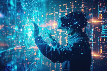 Man Engaging in Virtual Reality Experience, An individual using a virtual reality interface to interact with a holographic blockchain, AI Generated