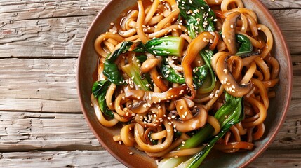 Asian vegetarian food udon noodles with baby bok choy, shiitake mushrooms, sesame and pepper close-up on a plate. horizontal top view