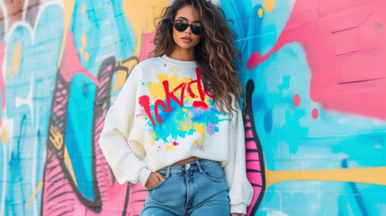 A statement sweatshirt with a colorful spray paint print paired with highwaisted jeans and retro sungles for a fun street artinspired outfit.
