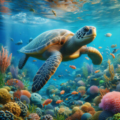 Fototapeta premium Green turtle swimming underwater in the sea generated with Ai 