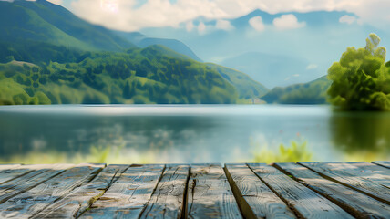The serene landscape of a calm lake with lush greenery viewed from an old wooden deck, perfect for relaxation and reflection.
