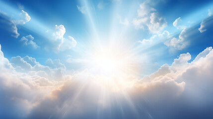 Holy spirit long banner Blue sky with the rays of the sun coming out of a white cloud  - obrazy, fototapety, plakaty