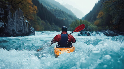 Naklejka premium Rear of Kayaker in kayak navigating through white water rapids, spray, and danger all around. Whitewater kayaking, extreme sport rafting